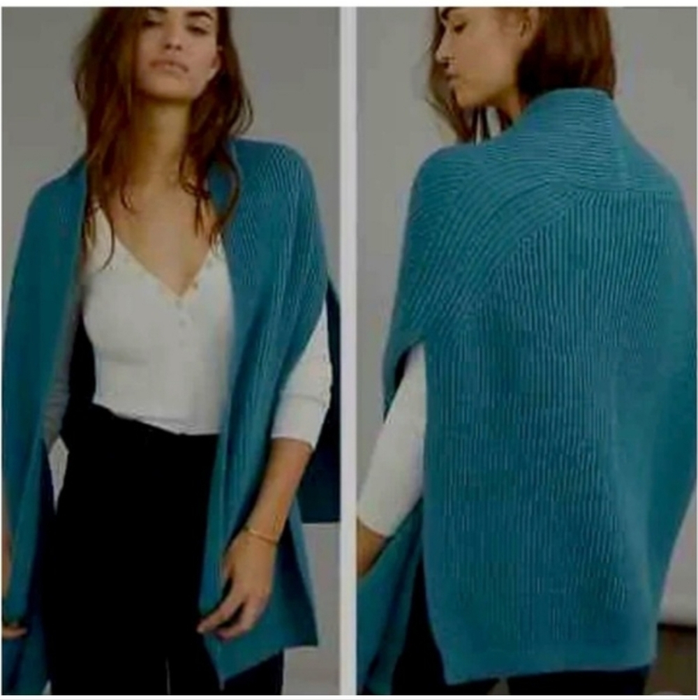 Akemi + Kin Anthropologie Sweater Shawl Open Front Cardigan Blue Green Preppy